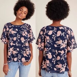 Anthropologie Floral Navy and Pink Top